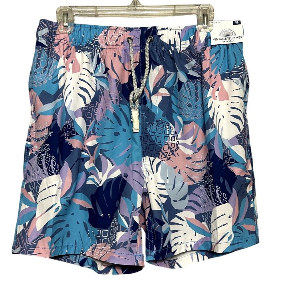 Vintage Swim Mens Multi Color Leaf Print Drawstring Quick Dry Swim Trunks XL NWT